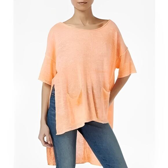 FREE PEOPLE $98 Soft Peach Linen Hi Low Oversized Top Pockets Small - Picture 1 of 4